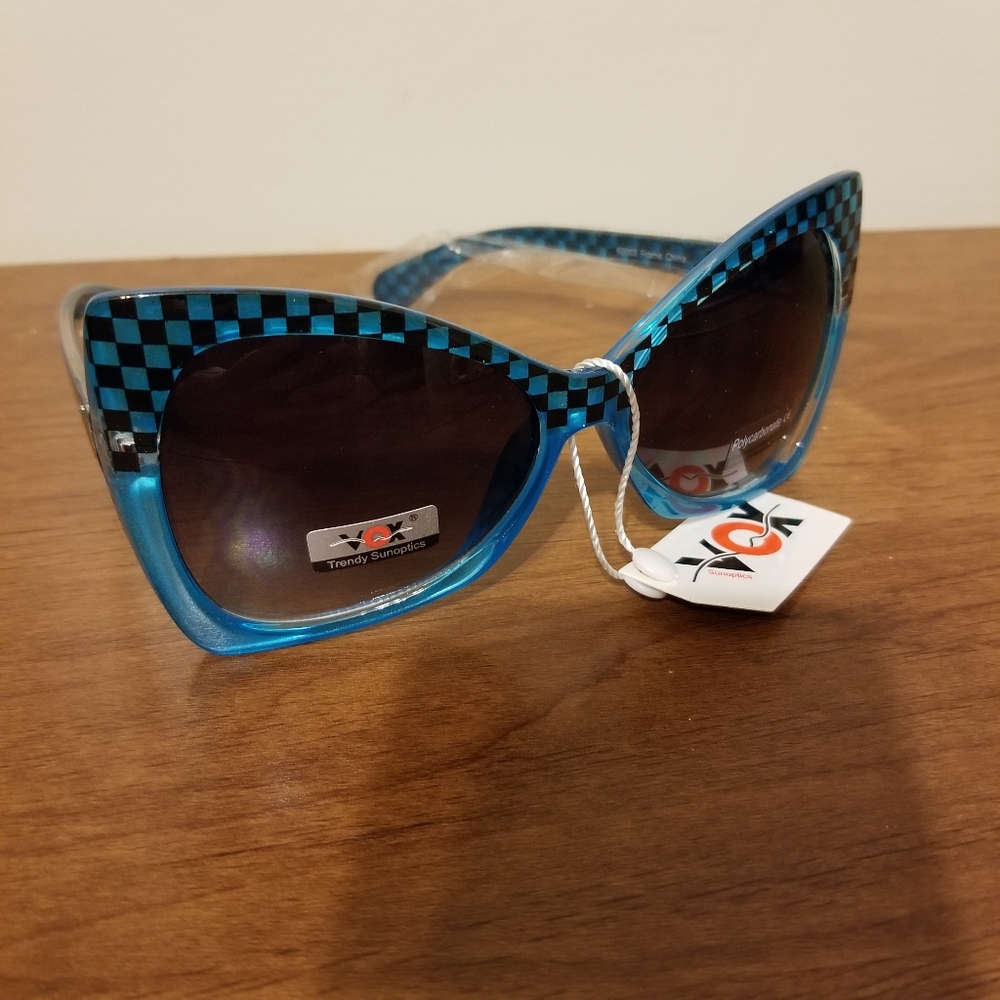 VOX Trendy Oversized Cat Eye Retro Style Blue Black Checkerboard Sunglasses…